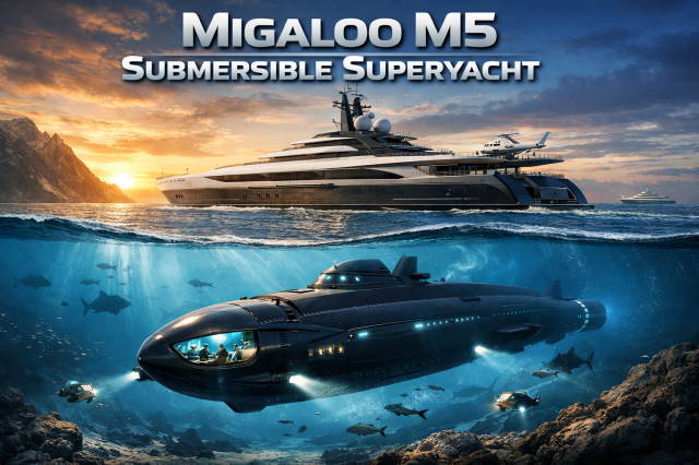 Wide panoramic illustration of the Migaloo M5 submersible superyacht, shown half above water as a sleek luxury yacht at sunset and half below water as a glowing submarine cruising through the ocean with fish and small drones nearby.