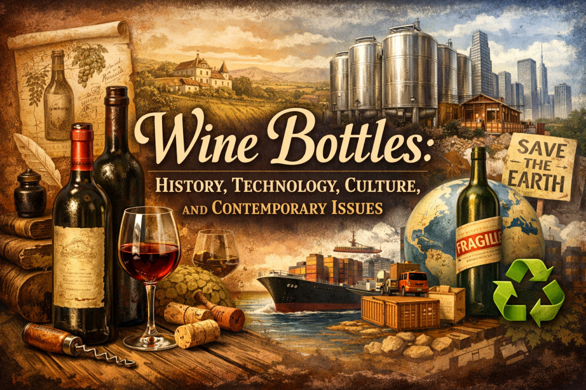 Panoramic illustration showing the evolution of wine bottles across time: antique bottles, corkscrews, and a vineyard scene on one side transitioning to modern stainless-steel fermentation tanks, cargo ships, city skylines, and recycling symbols on the other, representing the history, technology, culture, global trade, and environmental issues surrounding wine bottles.