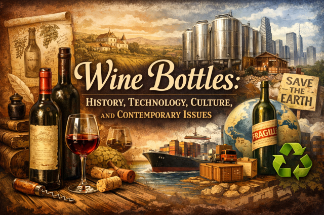 Panoramic illustration showing the evolution of wine bottles across time: antique bottles, corkscrews, and a vineyard scene on one side transitioning to modern stainless-steel fermentation tanks, cargo ships, city skylines, and recycling symbols on the other, representing the history, technology, culture, global trade, and environmental issues surrounding wine bottles.