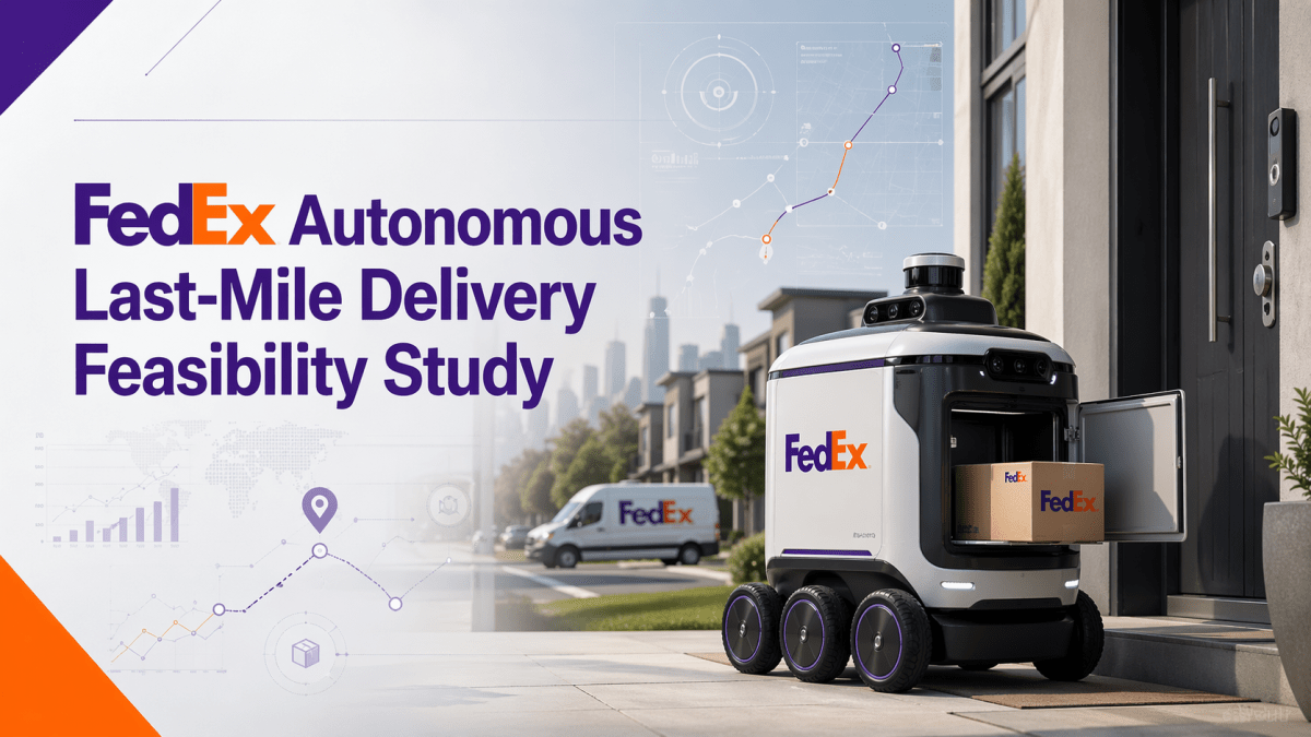 Cover image for “FedEx Autonomous Last-Mile Delivery Feasibility Study” showing a FedEx-branded autonomous delivery robot bringing a package directly to a customer at a modern front door, with a FedEx van in the background and subtle digital route and secure-delivery interface graphics. The design uses FedEx purple and orange accents to convey secure, tech-enabled last-mile delivery.
