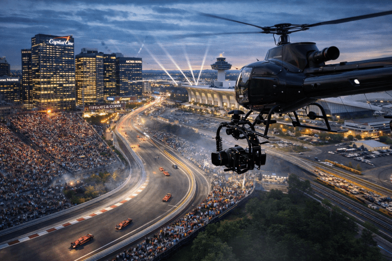 An evening aerial view shows a helicopter equipped with a mounted camera capturing live footage of a Formula 1 race along a curved track. Below, crowds fill grandstands while race cars move at high speed, with the Tysons skyline and Dulles Airport terminal visible in the distance under bright event lighting.