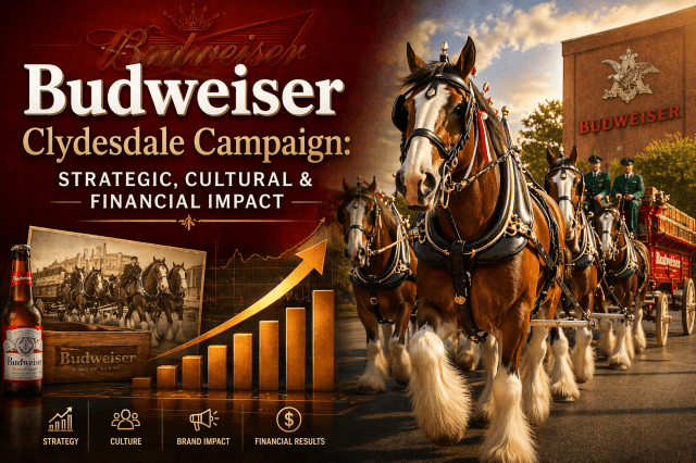 Cover image for the report ‘Budweiser Clydesdale Campaign: Strategic, Cultural & Financial Impact’ showing Budweiser Clydesdales pulling a wagon outside a Budweiser brewery building, with a Budweiser bottle, vintage photo insert, and upward-trending financial chart illustrating the campaign’s strategic, cultural, brand, and financial significance.