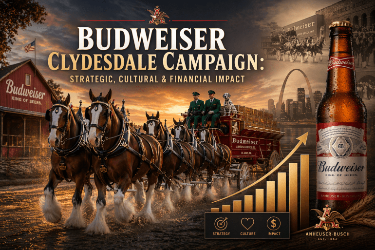 Cover image for the report ‘Budweiser Clydesdale Campaign: Strategic, Cultural & Financial Impact’ showing a team of Budweiser Clydesdales pulling a red wagon through shallow water at sunset, with a Budweiser bottle, vintage brewery imagery, the St. Louis Gateway Arch, and a rising bar chart to represent the campaign’s brand heritage and business impact.
