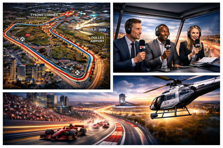 A composite scene combines the Tysons–Dulles Formula 1 event, featuring the circuit map layout, live commentators in a media box, and an aerial helicopter filming the race. The image highlights the scale of the event, blending urban infrastructure, luxury hospitality, and global broadcast production into a single unified visual.