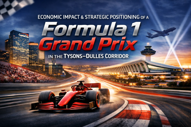 A wide-format promotional graphic shows a red Formula 1 race car speeding along a curved track in the foreground, with motion blur and glowing light trails emphasizing speed. In the background, a city skyline representing Tysons features modern office buildings, including one with a Capital One logo, while the distinctive terminal of Dulles International Airport appears to the right with an airplane ascending overhead. Bright spotlights cross the evening sky, and a crowd fills grandstands along the track. Large, bold text across the image reads: “Economic Impact & Strategic Positioning of a Formula 1 Grand Prix in the Tysons–Dulles Corridor.”