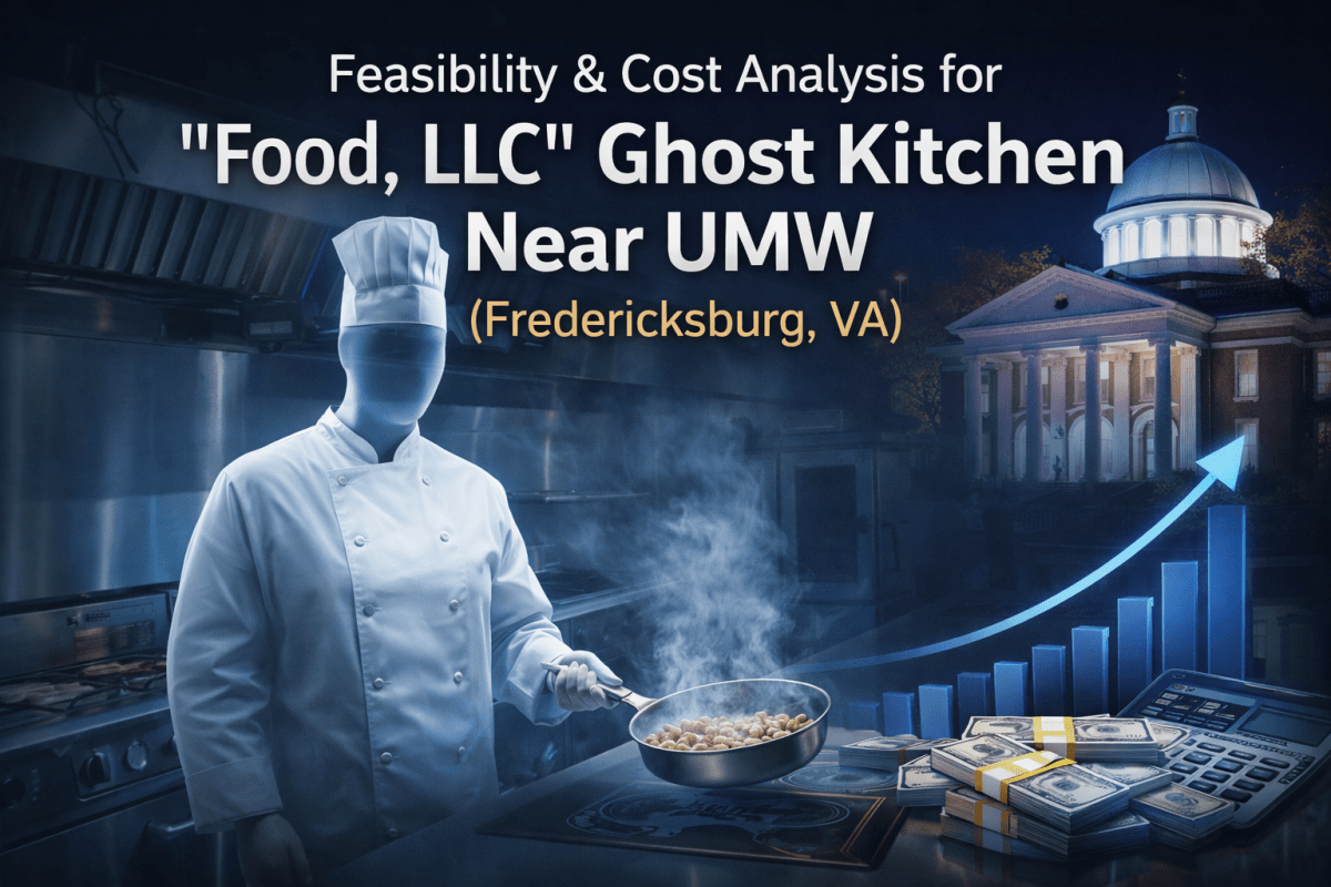 Cover image for the report ‘Feasibility & Cost Analysis for “Food, LLC” Ghost Kitchen Near UMW (Fredericksburg, VA)’ showing a ghostlike chef in a commercial kitchen holding a steaming pan, with UMW’s dome-lit campus building in the background and a rising bar chart, cash, and calculator in the foreground to represent financial analysis and business feasibility.
