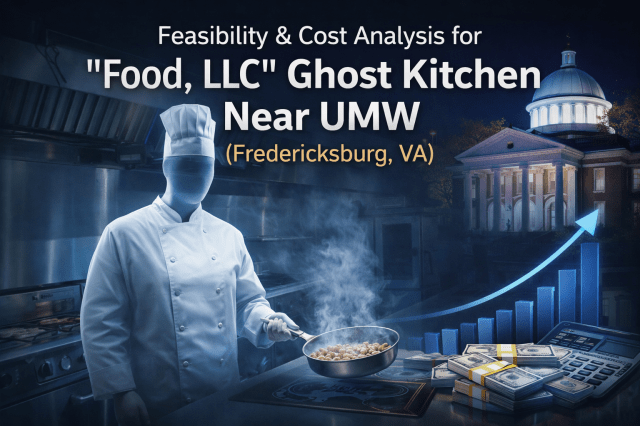 Cover image for the report ‘Feasibility & Cost Analysis for “Food, LLC” Ghost Kitchen Near UMW (Fredericksburg, VA)’ showing a ghostlike chef in a commercial kitchen holding a steaming pan, with UMW’s dome-lit campus building in the background and a rising bar chart, cash, and calculator in the foreground to represent financial analysis and business feasibility.
