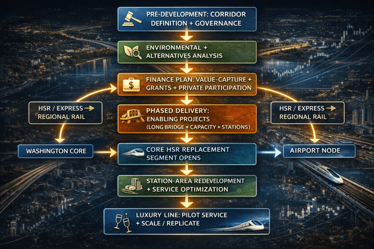 A vertically oriented flowchart illustrates the phased development of a high-speed rail (HSR) system. The diagram progresses from top to bottom, beginning with “Pre-development: corridor definition + governance,” followed by “Environmental + alternatives analysis,” and then “Finance plan: value-capture + grants + private participation.” The next stage shows “Phased delivery: enabling projects (Long Bridge + capacity + stations),” leading into “Core HSR replacement segment opens.” Below that, “Station-area redevelopment + service optimization” appears, and the final stage reads “Luxury line: pilot service + scale / replicate.” Each stage is represented by a distinct colored box connected by directional arrows, indicating sequential progression. The background features a stylized nighttime cityscape with transportation infrastructure and subtle data visualization elements, reinforcing a theme of modern urban development and advanced mobility systems.