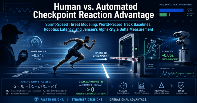 Wide, high-tech report cover titled “Human vs. Automated Checkpoint Reaction Advantage.” A sprinter races down a track toward a checkpoint gate while a human operator with a stopwatch is shown on the left and an automated AI camera/barrier system is shown on the right. Blue and green data overlays compare human reaction time of about 0.24 seconds with automated detection latency of about 0.05 seconds. The image includes charts, sensor targeting graphics, a Jensen’s Alpha-style formula, delta advantage notation, and a footer reading “Faster Insight. Stronger Decisions. Operational Advantage.