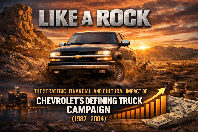 Report cover image showing a Chevrolet pickup truck driving through muddy terrain at sunset beneath the title ‘Like a Rock,’ with a city skyline, rising bar chart, cash, and coins symbolizing the campaign’s strategic, financial, and cultural impact.