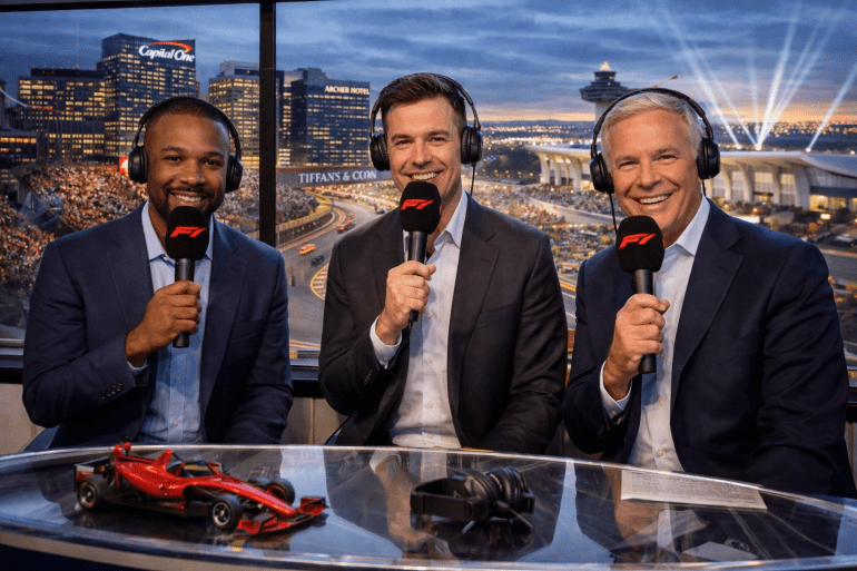 Three professional race commentators sit at a glass desk inside a media box overlooking a Formula 1 street circuit in Tysons Corner. Wearing headsets and holding microphones, they broadcast live as race cars speed past below, with illuminated office towers and a large crowd visible in the background.