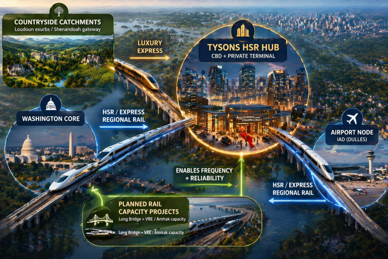A conceptual transportation network diagram illustrates Tysons as a central hub within a regional mobility system. Rural and exurban catchments connect to Tysons through a premium “Luxury express” service, while both the Washington metropolitan core and a major airport node connect through high-speed or express regional rail. Additional infrastructure investment, shown as Long Bridge and expanded VRE/Amtrak capacity, enhances the Washington core’s connectivity by improving reliability and increasing service frequency. The diagram highlights a hub-and-spoke model designed for high-capacity, multimodal transport integration.