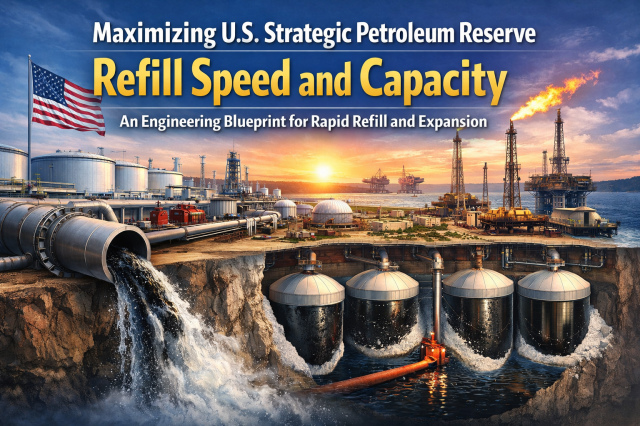 Wide report cover image showing a U.S. energy infrastructure scene at sunset, with large pipelines, storage tanks, offshore oil platforms, an American flag, and a cutaway view of underground petroleum storage caverns being filled. Large title text reads, “Maximizing U.S. Strategic Petroleum Reserve Refill Speed and Capacity,” with the subtitle, “An Engineering Blueprint for Rapid Refill and Expansion.”