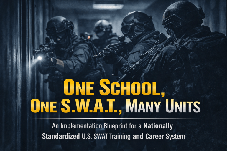 A dark, cinematic banner shows a SWAT team in full tactical gear moving through a dim hallway, weapons raised and focused forward. The scene is desaturated in blue-gray tones, with bold gold and white text overlaid reading “One School, One S.W.A.T., Many Units,” followed by the subtitle “An Implementation Blueprint for a Nationally Standardized U.S. SWAT Training and Career System.” The composition emphasizes professionalism, coordination, and intensity.
