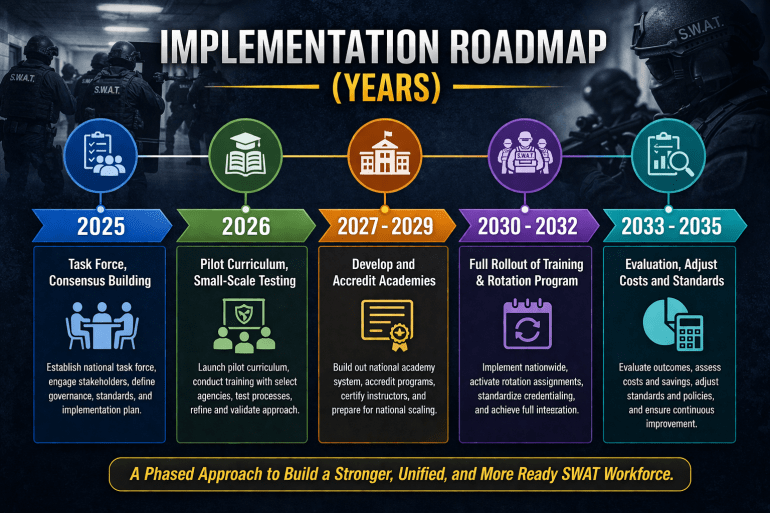 A horizontal infographic titled “Implementation Roadmap (Years)” displays a five-phase timeline from 2025 to 2035 over a dark, SWAT-themed background. Each phase is represented by a colored circular icon and labeled milestone: 2025 (Task Force, Consensus Building), 2026 (Pilot Curriculum, Small-Scale Testing), 2027–2029 (Develop and Accredit Academies), 2030–2032 (Full Rollout of Training & Rotation Program), and 2033–2035 (Evaluation, Adjust Costs and Standards). The layout uses bold colors and icons to show progression from planning to full national implementation and evaluation.