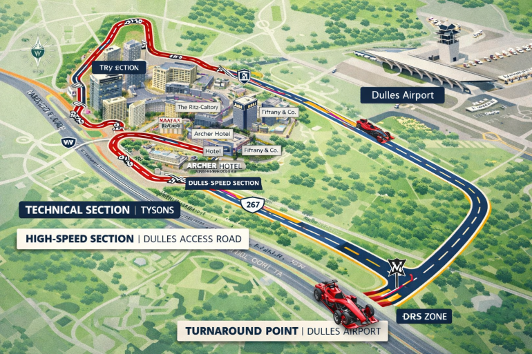 A stylized aerial map illustrates a proposed Formula 1 street circuit connecting Tysons Corner to Washington Dulles International Airport. The track is highlighted with a red technical section looping through Tysons and a long high-speed segment along the Dulles Access Road, with labeled zones including DRS areas and a turnaround point near the airport.