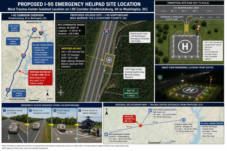 Detailed infographic of a proposed highway-adjacent emergency helipad along I-95 between Fredericksburg, VA and Washington, DC, highlighting the most trauma-center-isolated location, site layout design, regional hospital distances, and step-by-step EMS ground-to-air transfer process.
