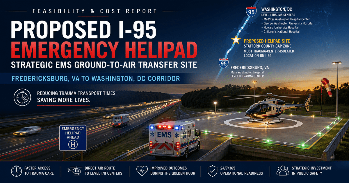 Title image for a strategic EMS infrastructure report depicting a highway-adjacent helicopter landing pad on I-95, with an ambulance transfer scene, nighttime lighting, and map indicators showing the corridor between Fredericksburg, Virginia and Washington, DC.