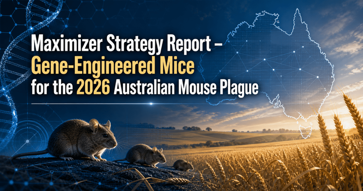 Wide report title image showing a blue-and-gold biotechnology-themed Australian wheat field with realistic mice in the foreground, a glowing DNA helix, network graphics, and an outline map of Australia. Large title text reads: “Maximizer Strategy Report – Gene-Engineered Mice for the 2026 Australian Mouse Plague.”