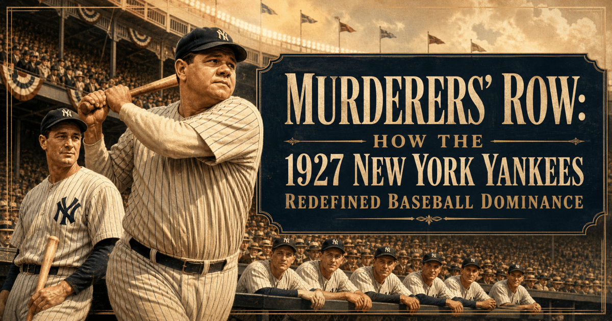 Vintage-style illustration of Babe Ruth, Lou Gehrig, and the 1927 New York Yankees at Yankee Stadium with the title “Murderers’ Row: How the 1927 New York Yankees Redefined Baseball Dominance.”