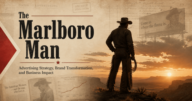 Vintage-style title image for a research report on “The Marlboro Man,” showing a silhouetted cowboy overlooking a Western desert sunset, with archival advertising textures, a faded billboard, market-share chart, and large editorial title text reading “The Marlboro Man: Advertising Strategy, Brand Transformation, and Business Impact.”