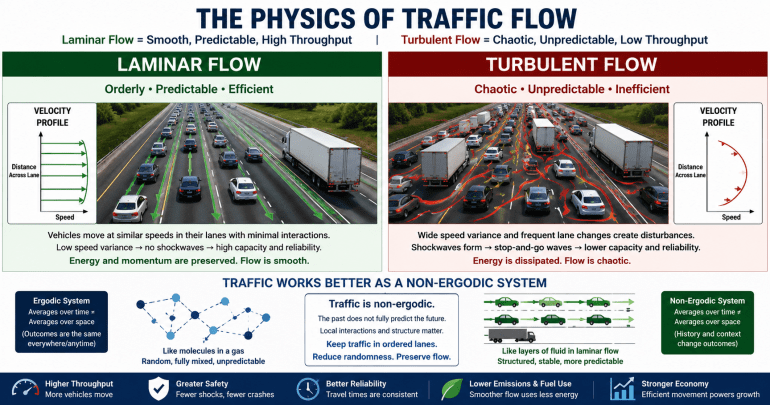 Wide educational traffic-flow infographic comparing laminar flow and turbulent flow on a multi-lane highway. The left side shows smooth, organized vehicle movement with green directional flow lines, labeled as predictable, efficient, and high-throughput. The right side shows chaotic mixed-speed traffic with red disturbance lines, labeled as unpredictable, congested, and low-throughput. Supporting diagrams illustrate velocity profiles, traffic shockwaves, throughput, emissions, safety, and the concept that traffic works better as a structured non-ergodic system.