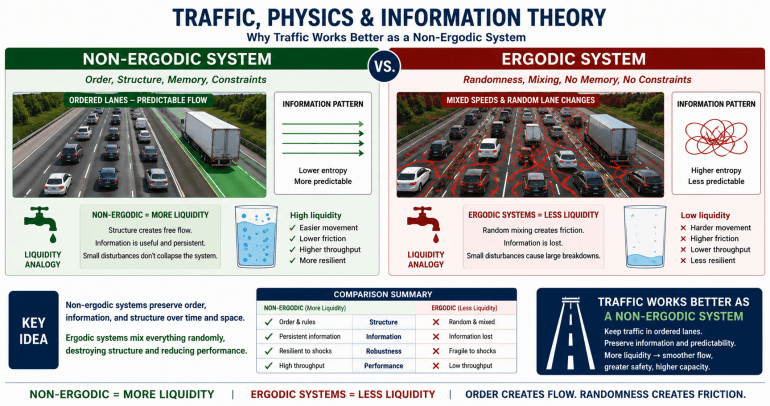 Wide-format infographic comparing non-ergodic and ergodic systems using traffic flow and liquidity analogies. The left side depicts an ordered highway system with structured lane behavior, lower entropy, higher liquidity, and predictable traffic movement. The right side shows random lane changes and chaotic traffic patterns representing ergodic behavior, higher entropy, lower liquidity, congestion, and friction. The graphic includes comparison tables, symbolic liquid containers, information-flow diagrams, and a concluding message that traffic performs better as a non-ergodic system with preserved order and predictability.