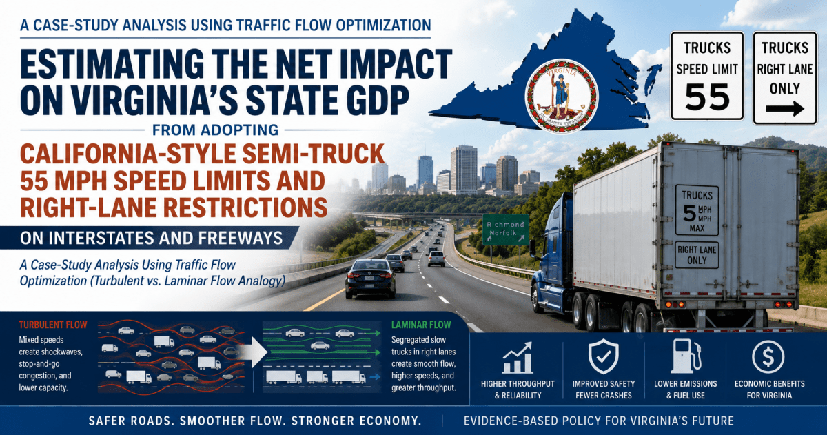 Wide-format policy report cover graphic showing a Virginia interstate highway with passenger vehicles and a semi-truck traveling under proposed 55 mph truck speed limit and right-lane restriction signs. The Virginia state outline and seal appear above the roadway, alongside visual comparisons of turbulent versus laminar traffic flow patterns. The design includes transportation, safety, fuel, emissions, and economic icons illustrating the report theme of analyzing the GDP impact of California-style truck regulations in Virginia using traffic flow optimization concepts.