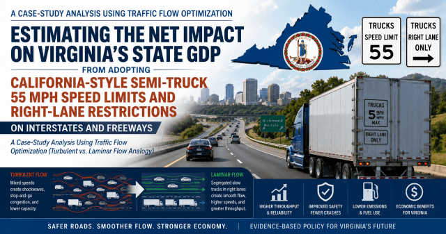 Wide-format policy report cover graphic showing a Virginia interstate highway with passenger vehicles and a semi-truck traveling under proposed 55 mph truck speed limit and right-lane restriction signs. The Virginia state outline and seal appear above the roadway, alongside visual comparisons of turbulent versus laminar traffic flow patterns. The design includes transportation, safety, fuel, emissions, and economic icons illustrating the report theme of analyzing the GDP impact of California-style truck regulations in Virginia using traffic flow optimization concepts.