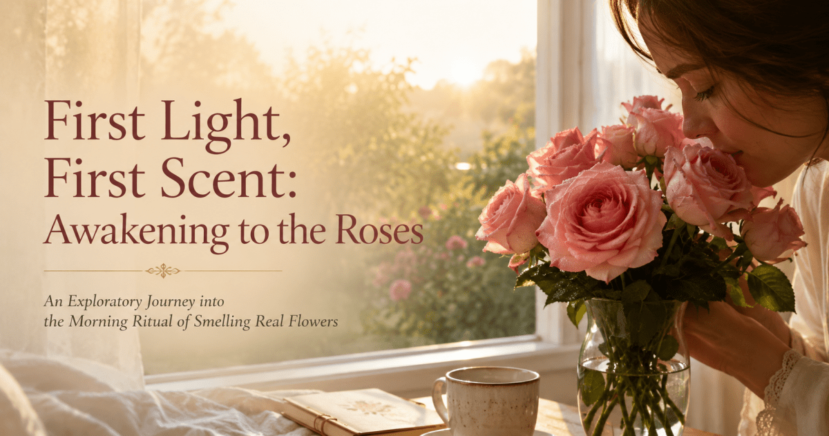 Warm morning sunlight fills a quiet bedroom as a woman leans toward a vase of fresh pink roses, gently smelling the blooms beside a ceramic mug and journal. The image evokes the report’s focus on deliberately smelling real flowers immediately after waking as a sensory ritual of attention, relaxation, and connection with nature.