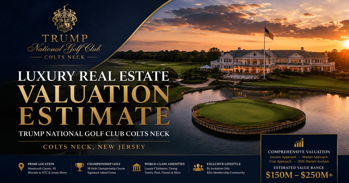 Aerial-style luxury real estate valuation graphic of Trump National Golf Club Colts Neck, New Jersey, featuring the grand clubhouse, manicured golf course fairways, water features, and upscale residential surroundings, with elegant gold typography presenting the property valuation report title.