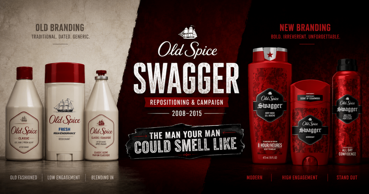 Wide title graphic contrasting Old Spice’s traditional branding with its modern Swagger repositioning from 2008–2015. Vintage white Old Spice packaging appears on the left, while bold red-and-black Swagger products appear on the right, centered around the Old Spice logo, “Swagger,” and “The Man Your Man Could Smell Like” campaign theme.
