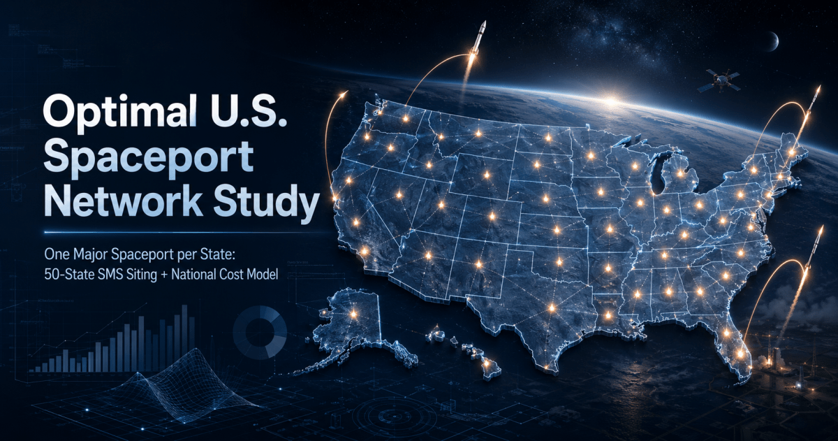 Title graphic for Optimal U.S. Spaceport Network Study, featuring an illuminated map of the United States with glowing spaceport nodes across all 50 states, interconnected network lines, multiple rocket launch trajectories, orbital imagery, and subtle infrastructure cost-model charts. The dark blue aerospace-themed design represents a proposed tiered national system of orbital, horizontal/reentry, and suborbital spaceports.