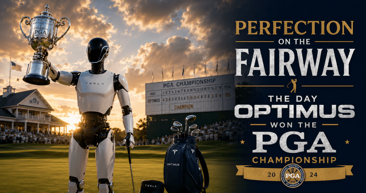 Tesla Optimus humanoid robot holding the PGA Championship trophy on a championship golf course at sunset, illustrating “Perfection on the Fairway: The Day Optimus Won the PGA Championship.”