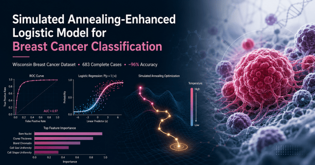 Title graphic for Simulated Annealing-Enhanced Logistic Model for Breast Cancer Classification, combining breast-cancer cell imagery with logistic-regression, ROC-curve, feature-importance, and simulated-annealing optimization visuals. The report analyzes the Wisconsin Breast Cancer dataset and compares standard logistic regression with a simulated-annealing-optimized model, achieving roughly 95–97% classification accuracy.