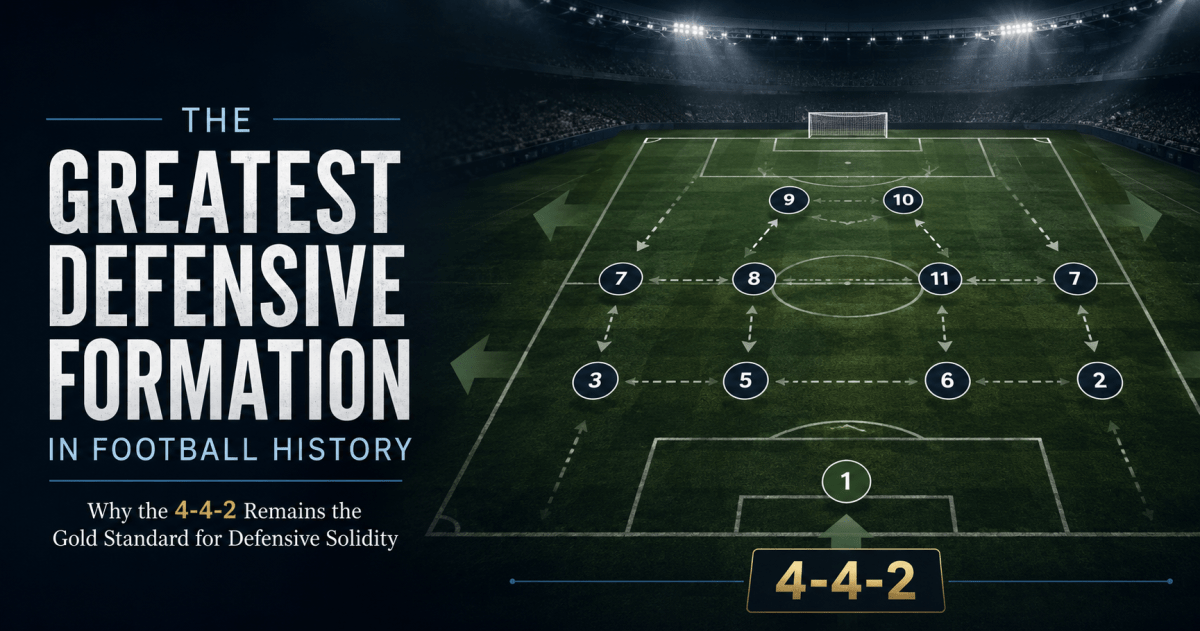 Editorial title graphic for The Greatest Defensive Formation in Football History, showing a floodlit soccer stadium and tactical pitch diagram illustrating a compact 4-4-2 formation with two banks of four, emphasizing defensive organization, balance, and solidity. The report concludes that the 4-4-2 is the strongest all-around defensive formation based on goals conceded, clean sheets, adaptability, trophy success, and longevity.
