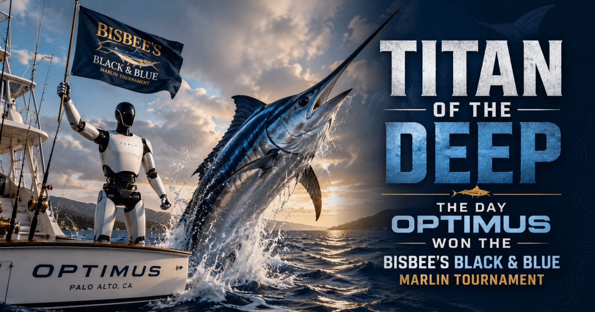 Tesla Optimus humanoid robot aboard a sportfishing boat beside a giant leaping blue marlin at sunset, illustrating “Titan of the Deep: The Day Optimus Won the Bisbee’s Black & Blue Marlin Tournament.”