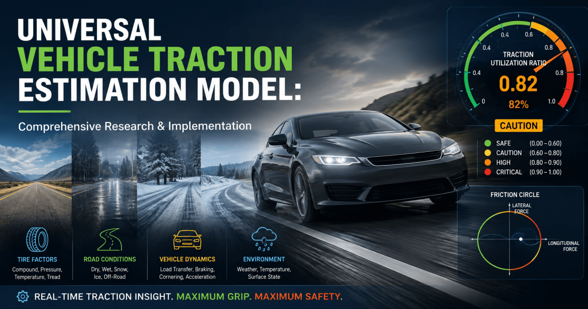 Universal Vehicle Traction Estimation Model report cover showing a modern vehicle driving across changing road conditions, including dry pavement, rain, snow, and ice, with a Traction Utilization Ratio gauge, friction-circle graphic, and indicators for tire factors, vehicle dynamics, and environmental conditions.