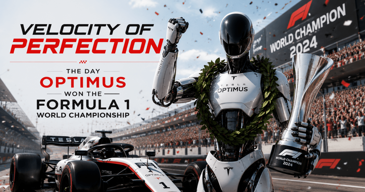 Tesla’s Optimus humanoid robot celebrates winning the Formula 1 World Championship, holding the championship trophy beside a futuristic Formula 1 race car on a packed racetrack as confetti falls, illustrating Velocity of Perfection: The Day Optimus Won the Formula 1 World Championship.