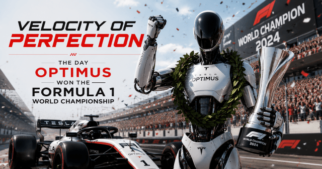 Tesla’s Optimus humanoid robot celebrates winning the Formula 1 World Championship, holding the championship trophy beside a futuristic Formula 1 race car on a packed racetrack as confetti falls, illustrating Velocity of Perfection: The Day Optimus Won the Formula 1 World Championship.